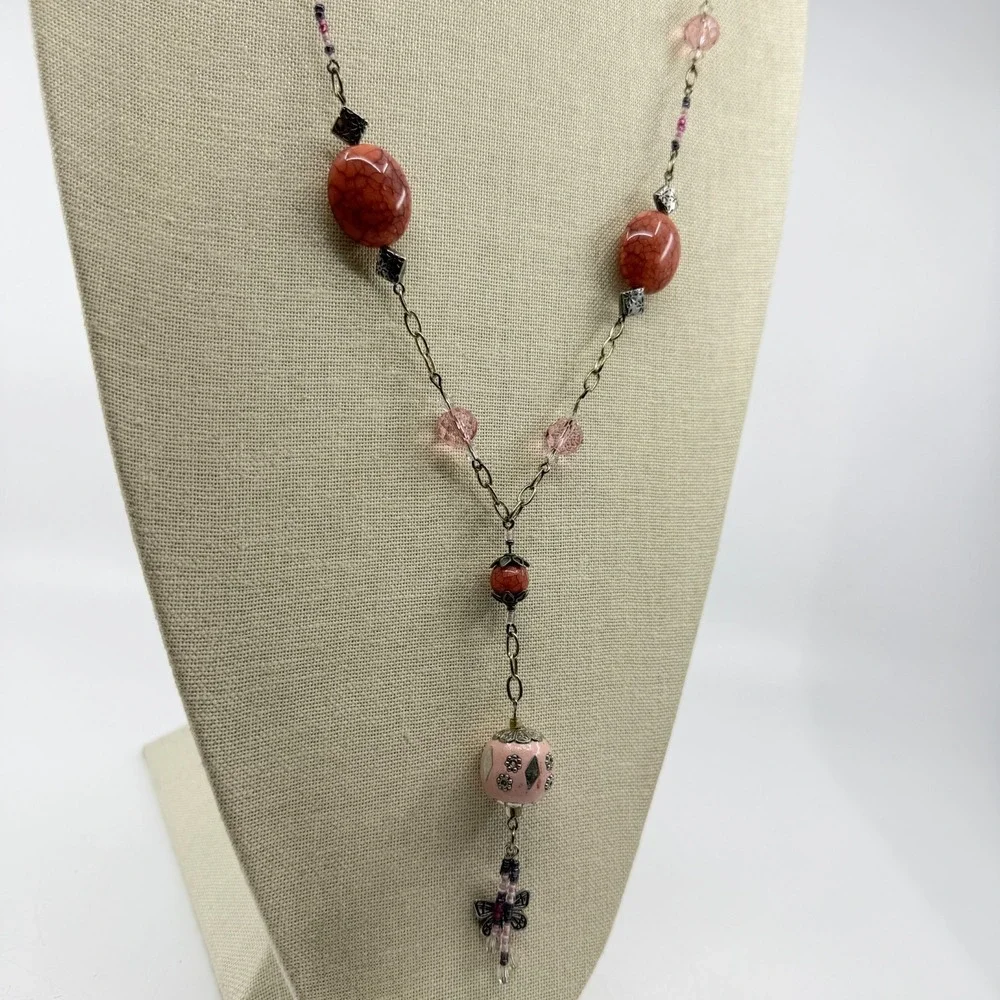 Pink Orange Beaded Butterfly Tassel Long Pendant Necklace Boho Cottagecore Y2K